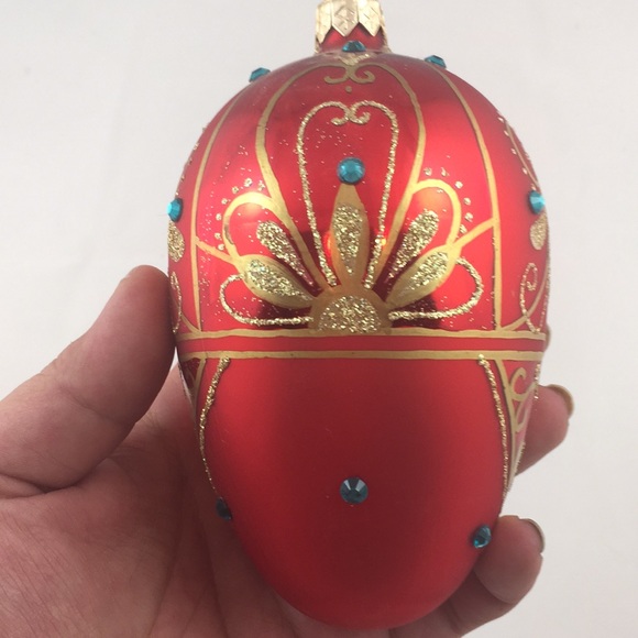 VINTAGE ARTISAN HANDCRAFTED RED EGG SHAPED CHRISTMAS ORNAMENT UPCYCLED - Picture 5 of 8